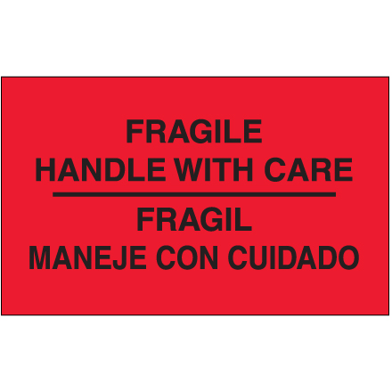 3 x 5" - "Fragil - Maneje Con Cuidado" (Fluorescent Red) Bilingual Labels